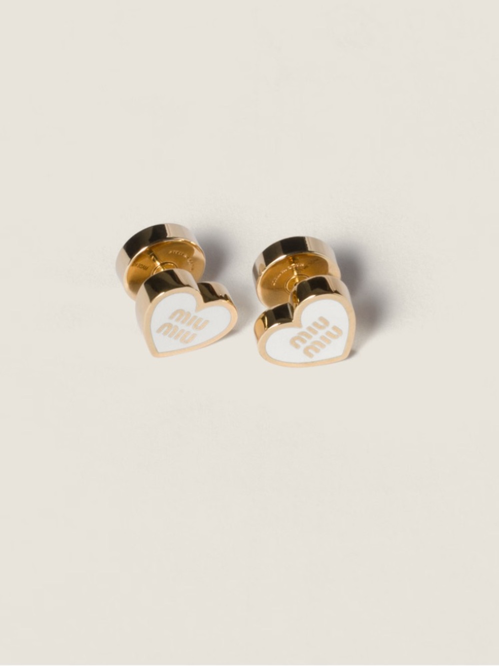 Miu Miu Gold and White Heart Stud Earrings